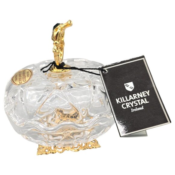 Killarney Crystal Ireland 22K Gold Trinket Dish w/ Emerald Heart Claddagh Accent - Picture 2 of 16